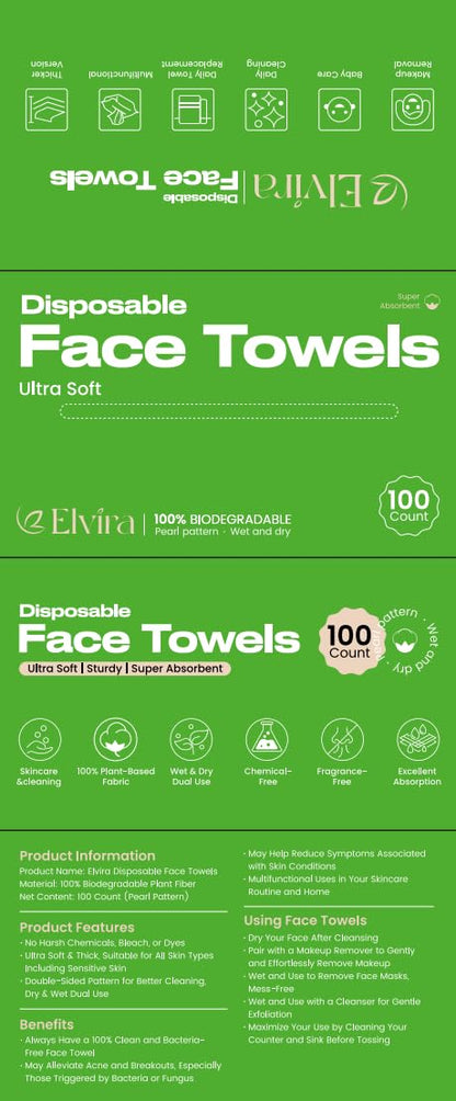 Elvira 100 Count Disposable Face Towels,Ultra Soft Skincare Facial Towels Elvira