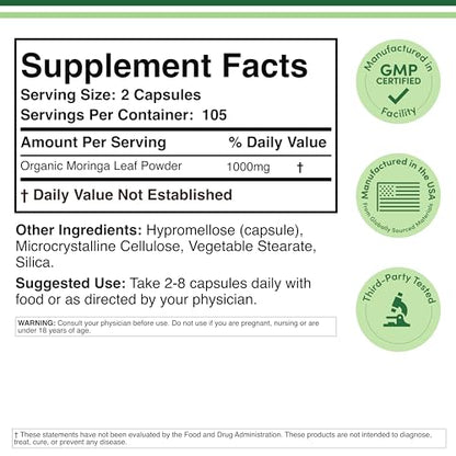 DWS Organic Moringa Capsules 1000mg - Pure Moringa Powder for Energy & Immune Support - Green Superfood Rich in Antioxidants Double Wood Supplements