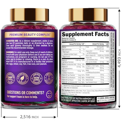 Biotin Gummies with Collagen - Hair Growth Support Skin, & Nail Strength - for Women & Men - Biotin 10000mcg | Keratin | Hyaluronic Acid | B-Complex | Saw Palmetto NUTRAHARMONY