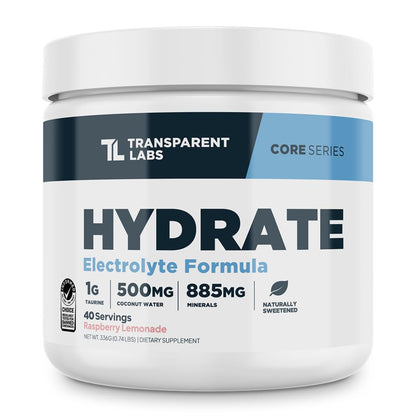 Transparent Labs Hydrate Naturally Sweetened Electrolytes Powder - Hydration Powder Electrolytes with Coconut Water, Calcium, Taurine, & Potassium - 40 Servings, Tropical Punch