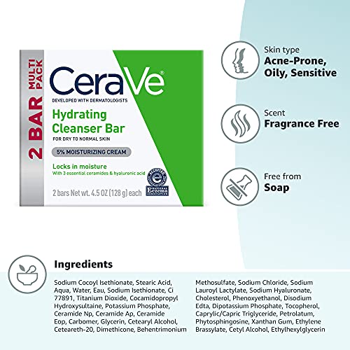 CeraVe Hydrating Cleanser Bar, Soap-Free Body and Facial Cleanser with 5% Moisturizing Cream, Fragrance-Free, 2-Pack, 4.5 Ounce Each CeraVe