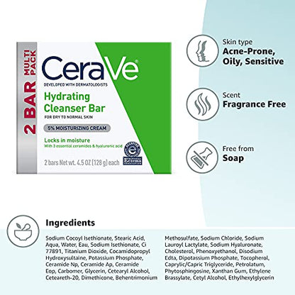CeraVe Hydrating Cleanser Bar, Soap-Free Body and Facial Cleanser with 5% Moisturizing Cream, Fragrance-Free, 2-Pack, 4.5 Ounce Each CeraVe