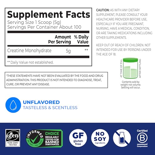 Orgain Creatine Monohydrate Micronized Powder, 100 Servings, Unflavored, Supports Muscle Growth, Post Workout Recovery and Brain Health, No Artificial Additives Orgain