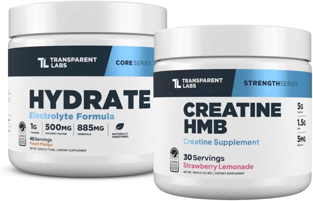 Transparent Labs Hydrate Electrolytes Powder (40 Servings, Peach Mango) & Creatine HMB (30 Servings, Strawberry Lemonade)