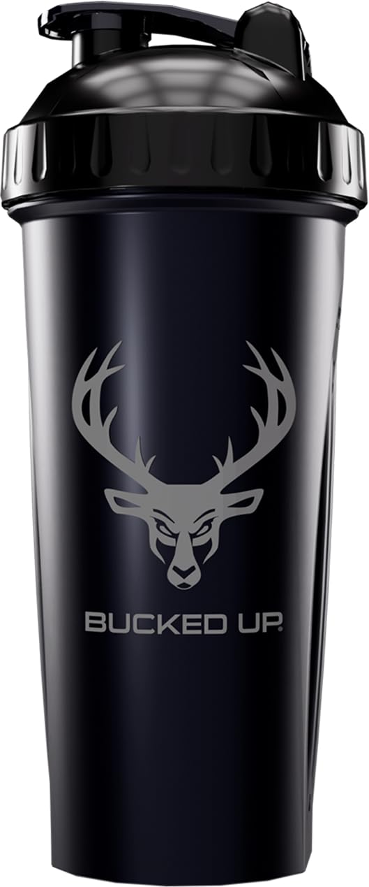 Bucked Up Perfect Shaker Bottle, 28oz, BPA-Free, Dishwasher Safe, Leak-Proof, Black Bottle with Red Buck Logo