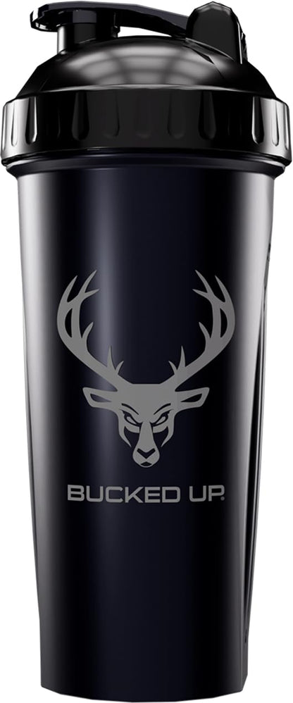 Bucked Up Perfect Shaker Bottle, 28oz, BPA-Free, Dishwasher Safe, Leak-Proof, Black Bottle with Red Buck Logo