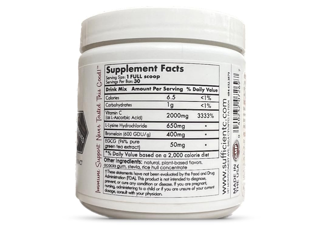 Sufficient-C High Dose Non-GMO Vitamin C Lemon Peach Immune-Ade Drink Mix, Convenient 125 Gram Size w/L-lysine, Bromelain & a Premium 96% Pure Green Tea Extract Sufficient-C buy australia supplements