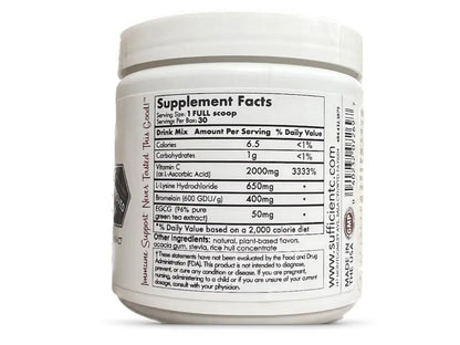 Sufficient-C High Dose Non-GMO Vitamin C Lemon Peach Immune-Ade Drink Mix, Convenient 125 Gram Size w/L-lysine, Bromelain & a Premium 96% Pure Green Tea Extract Sufficient-C