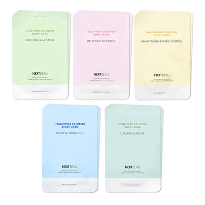 NEXTBEAU Solution Sheet Mask Variety Pack, 10 Count (5 Types x 2 Sheets), 0.74 fl oz Each, Korean Facial Sheet Masks for Daily Skincare NEXTBEAU