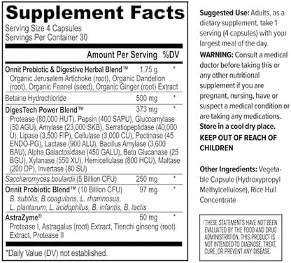 ONNIT Total Gut Health Daily Digestive Support, IGEN Non-GMO Tested Digestion Supplement for Women and Men with 7 Strains of Probiotics, Prebiotics, Enzymes and Betaine HCL, 120 Count
