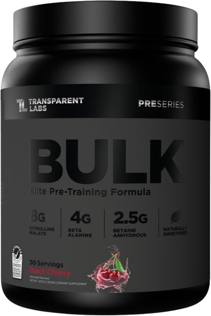 Transparent Labs Bulk Black Pre Workout - Clinically Dosed, Sugar Free Preworkout for Men and Women with Beta Alanine Powder, Citrulline Malate, & Caffeine - 30 Servings, Black Cherry