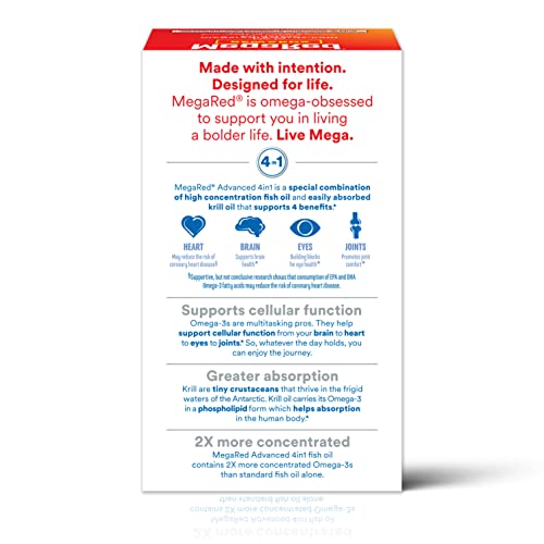 Megared Omega-3 Fish Oil + High Absorption Krill Oil 500mg Softgels, MegaRed Advanced 4in1 (80 count in a bottle) Concentrated Omega-3 Fish MegaRed