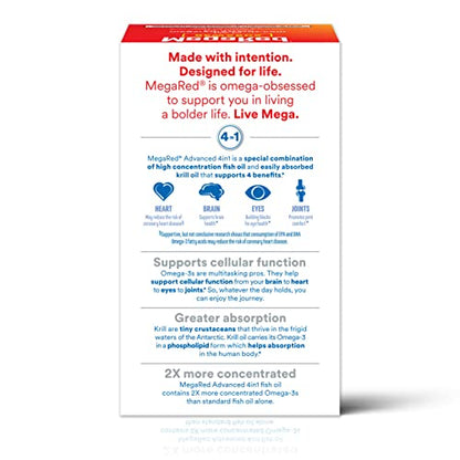 Megared Omega-3 Fish Oil + High Absorption Krill Oil 500mg Softgels, MegaRed Advanced 4in1 (80 count in a bottle) Concentrated Omega-3 Fish MegaRed
