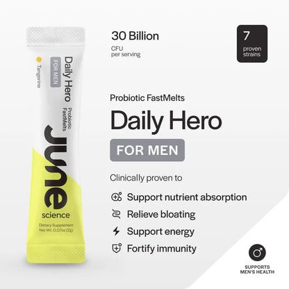 June Science Daily Hero for Men | Fast Melt Pre + Probiotic for Men - Tangerine Flavor, 30 Powder Sachets June Science