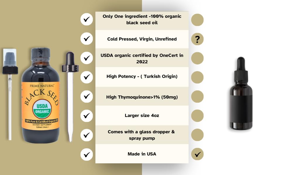 Prime Natural Organic Black Seed Oil 4oz - Cold Pressed Unrefined High Thymoquinone 1.7% USDA Certified - Turkish Origin Potent Nigella Sativa Liquid PRIME NATURAL