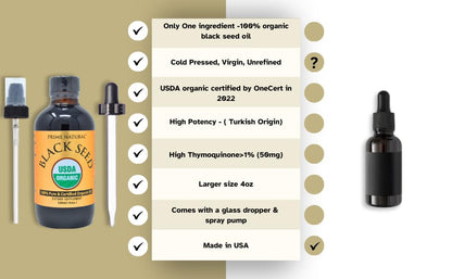Prime Natural Organic Black Seed Oil 4oz - Cold Pressed Unrefined High Thymoquinone 1.7% USDA Certified - Turkish Origin Potent Nigella Sativa Liquid PRIME NATURAL