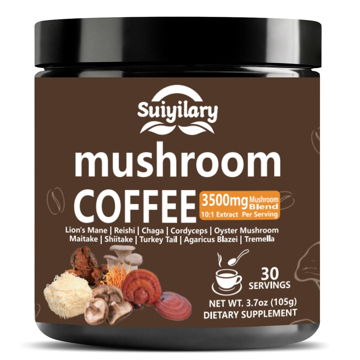 Suiyilary 10 Mushroom Coffee with Arabica w, Lion's Mane, Reishi, Mushroom Polysaccharides & More, Instant Mushrooms Powder for Focus, Immunity Boost, Suiyilary