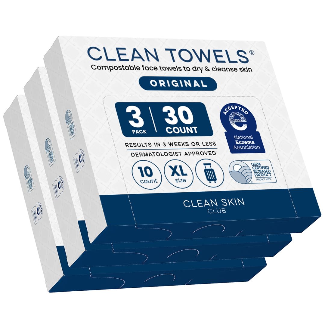 Clean Skin Club Clean Towels XL®, Travel Pack 100% USDA Biobased Disposable Face Towel, Eczema Association Accepted,Dry Wipes, TSA-Approved Travel Essential, 3 Packs, 30 ct Total CLEAN SKIN CLUB
