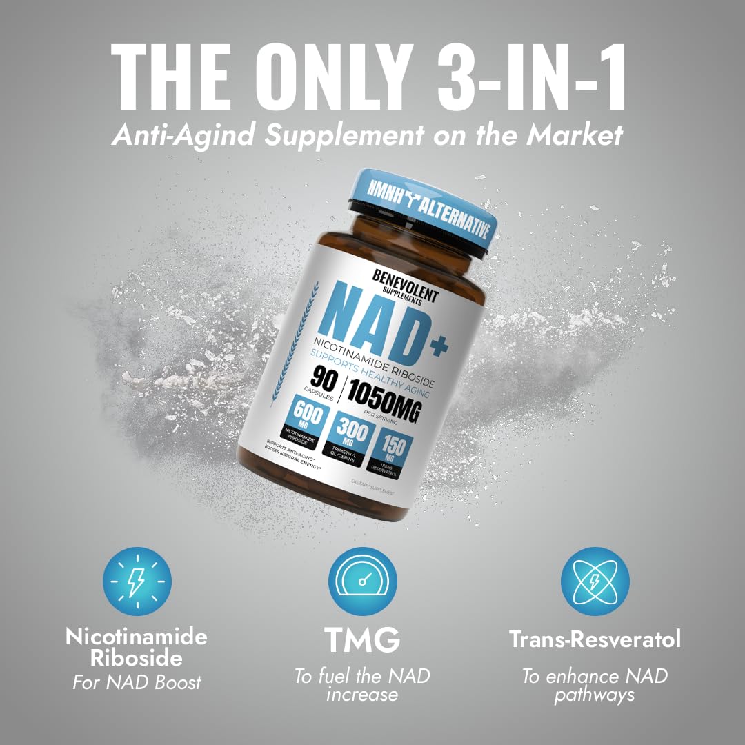 Benevolent NAD+ Supplement 1050mg, Max Absorption 3in1 NAD Supplements for Women & Men with Nicotinamide Riboside, Trans-Resveratrol & TMG, NAD Plus for Cellular Energy, Brain Support & Aging, 90 Caps Benevolent Nourishment buy australia supplements