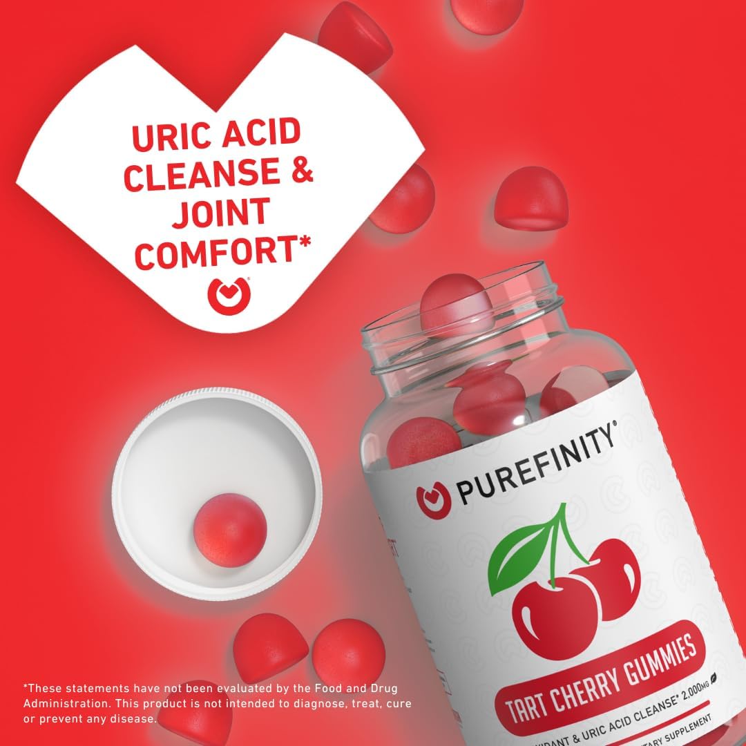 PUREFINITY Tart Cherry Gummies – Uric Acid Flush for Joint Relief & Recovery, Raw Juice Extract Antioxidant – Non-GMO, Gluten Free, Vegan, 60 Gummies