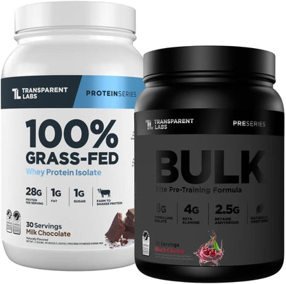 Transparent Labs Grass-Fed Whey Protein Isolate (30 Servings, Milk Chocolate) & Bulk Black Pre-Workout (30 Servings, Black Cherry)
