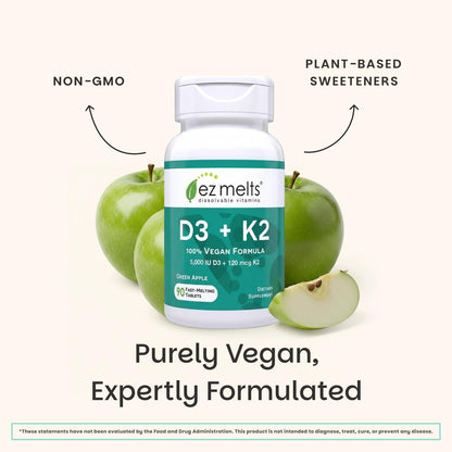 EZ Melts Dissolvable Vegan Vitamin D3 + K2 5,000 IU - Bone & Heart Health Support - Immune Function Support - No Artificial Flavors - Non-GMO - Green Apple EZ Melts