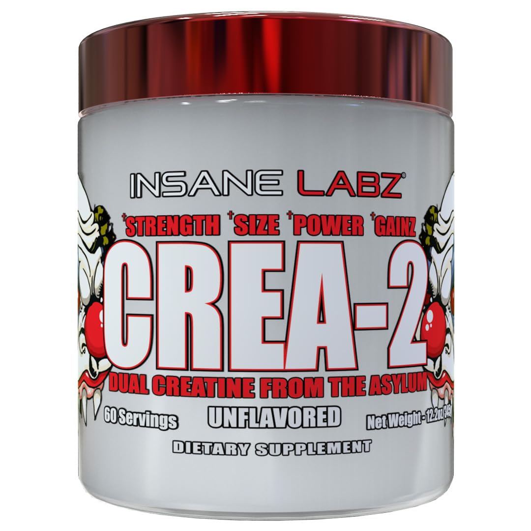 Insane Labz Crea-2 Creatine Monohydrate (5g) and Creatine HCl Powder (750mg) - Unflavored, Supports Increased Strength, Size and Power, 60 Servings