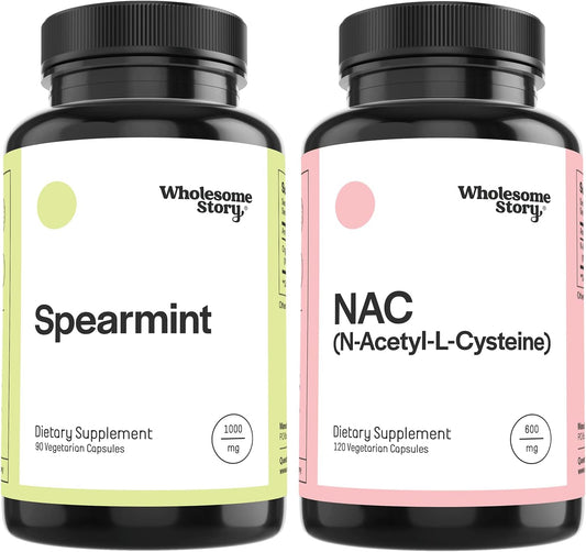 Organic Spearmint + N Acetyl Cysteine | Organic Spearmint Capsules & N Acetyl Cysteine 600 mg Bundle Supplement | Supports Hormones, Liver, Lung, Digestion & Gut Health | 30 & 120 Day Supply