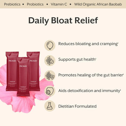 ProMix Nutrition Debloat Prebiotics and Probiotics Immune Support Supplement for Digestion, Cortisol Health, Gut Cleanse - Hibiscus ProMix Nutrition