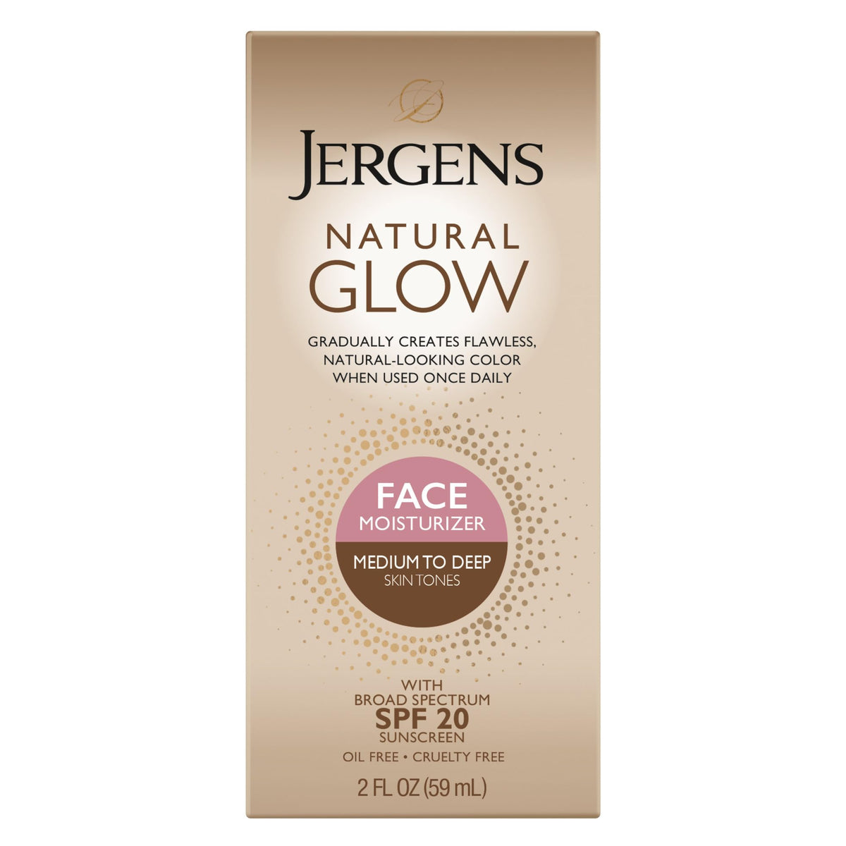 Jergens Natural Glow Self Tanner Face Moisturizer with SPF 20 Facial Sunscreen, Medium to Deep Skin Tone, Sunless Tanning, Oil Free, Broad Spectrum Protection UVA and UVB, 2 oz (Packaging May Vary) Jergens