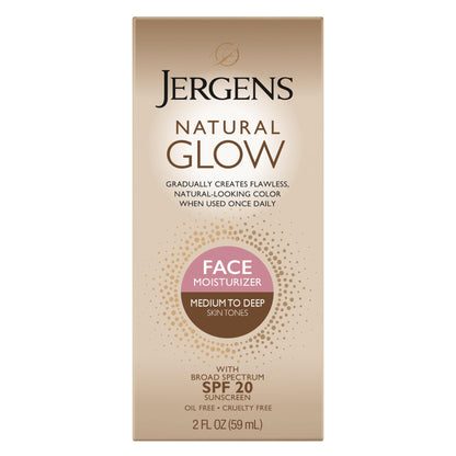 Jergens Natural Glow Self Tanner Face Moisturizer with SPF 20 Facial Sunscreen, Medium to Deep Skin Tone, Sunless Tanning, Oil Free, Broad Spectrum Protection UVA and UVB, 2 oz (Packaging May Vary) Jergens