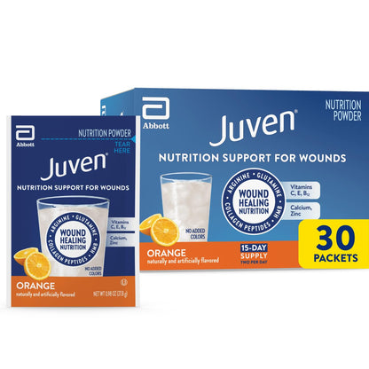 Juven Therapeutic Nutrition Drink Powder Including Collagen Peptides, Amino Acids, and HMB for Wound Healing Support, Orange, 30 Packets Juven