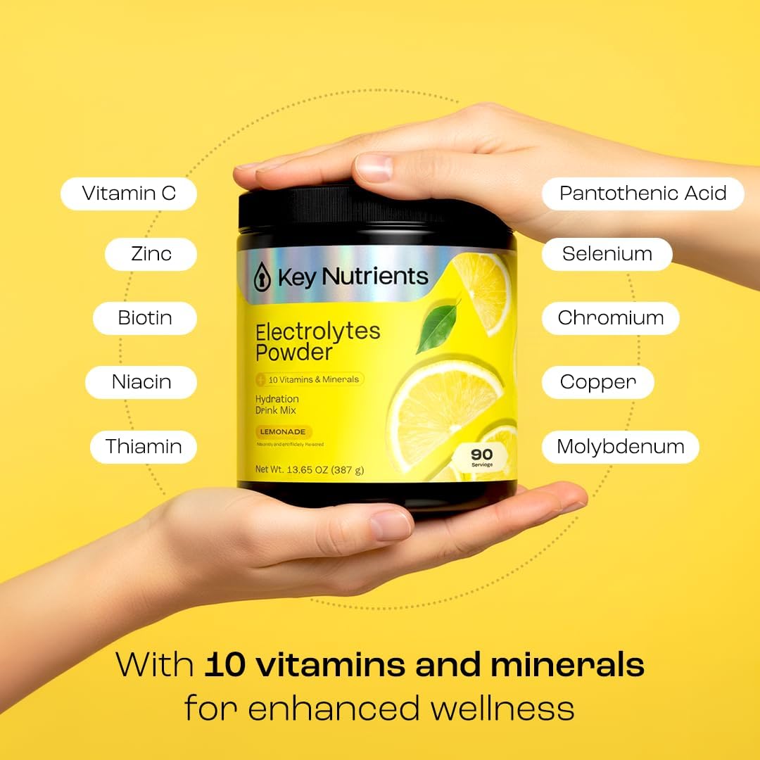 KEY NUTRIENTS Multivitamin Electrolytes Powder No Sugar - Refreshing Lemonade Electrolyte Powder - Sodium & Energy Supplement - Hydration Powder KEY NUTRIENTS