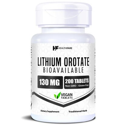 HealthFare Lithium Orotate Supplement 130mg | 200 Vegetarian Tablets | High Bioavailability Trace Mineral | Mood, Brain & Memory Support Healthfare