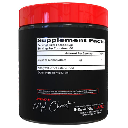 Insane Labz Creatine Monohydrate - Unflavored, Supports Increased Strength, Size and Power, 5g Per Serving, 60 Servings