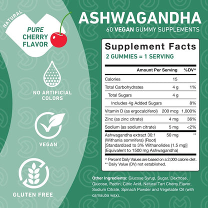 PUREFINITY Ashwagandha Gummies with Vitamin D & Zinc – Supplement for Relaxation, Calming, and Mood Support – Gluten Free, Non-GMO, Vegan, 60 Count