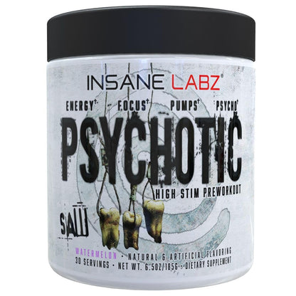 Insane Labz Psychotic Saw, High Stim Pre Workout Powder with OxyGold™ and AMPiberry®,Extreme Lasting Energy with Teacrine®,Focus with CognitIQ® and Endurance (30 Servings, Watermelon)