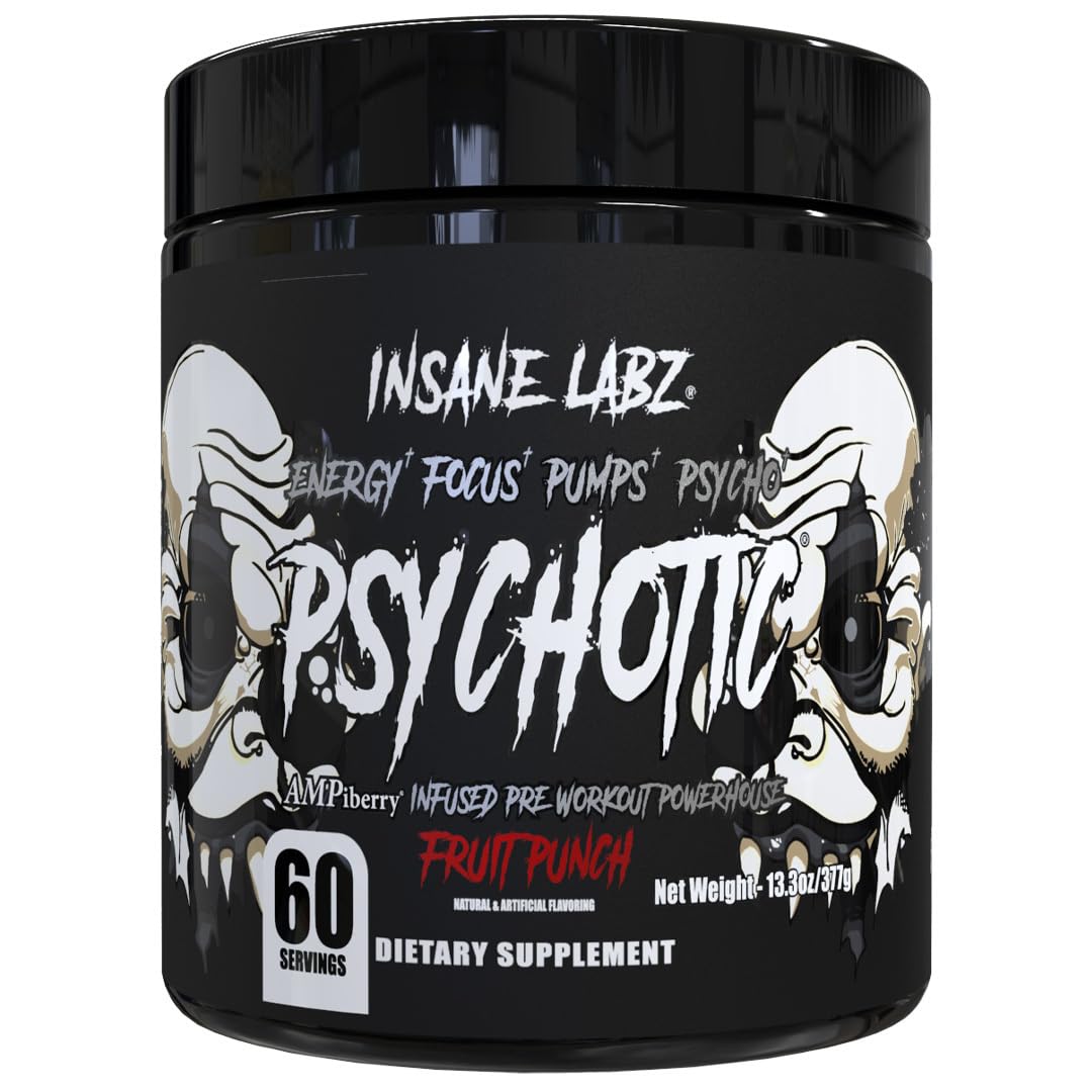 Insane Labz Psychotic Black Edition Mid Stimulant Pre Workout Powder, Energy Focus Pumps, Loaded with Creatine Beta Alanine Taurine Fueled by AMPiberry, 35 Servings (Blue Raspberry)