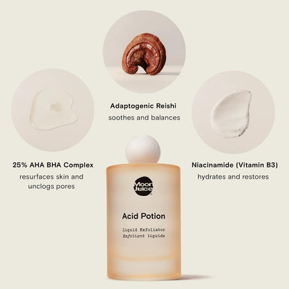 Moon Juice Acid Potion Liquid Face Exfoliator - 25% AHA BHA Exfoliant with Reishi + Niacinamide - Helps Resurface Skin, Unclog Pores & Stimulate Collagen - Hydrates & Soothes Skin (3.3 Fl oz)