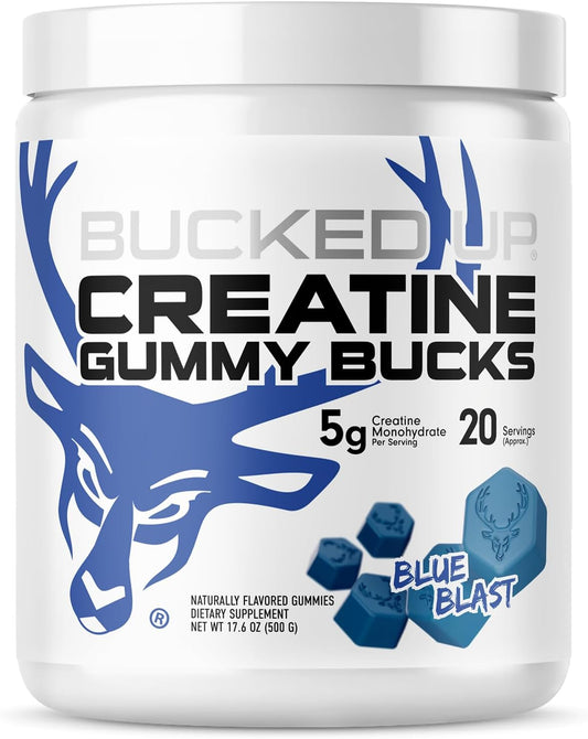 Bucked Up Creatine Gummy Bucks Blue Blast | 5g Creatine Monohydrate per Serving | Non GMO Gluten Free Vegan Creatine Gummies | Chewable Creatine Supplement (20 Servings)