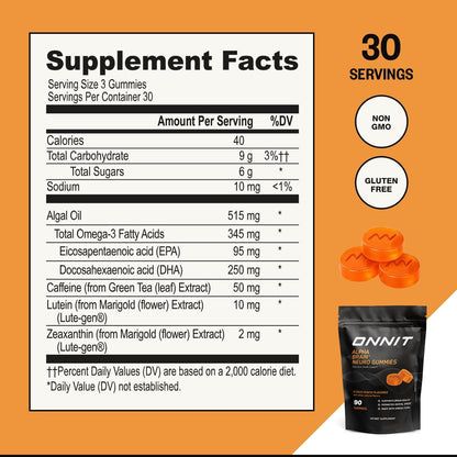 ONNIT Alpha Brain Neuro Focus Gummies, IGEN Non-GMO Tested Vegan Gummies with Omega-3s Lutein Zeaxanthin and Caffeine, Brain Eye and Focus Supplement for Men and Women, Citrus Punch, 90 Count