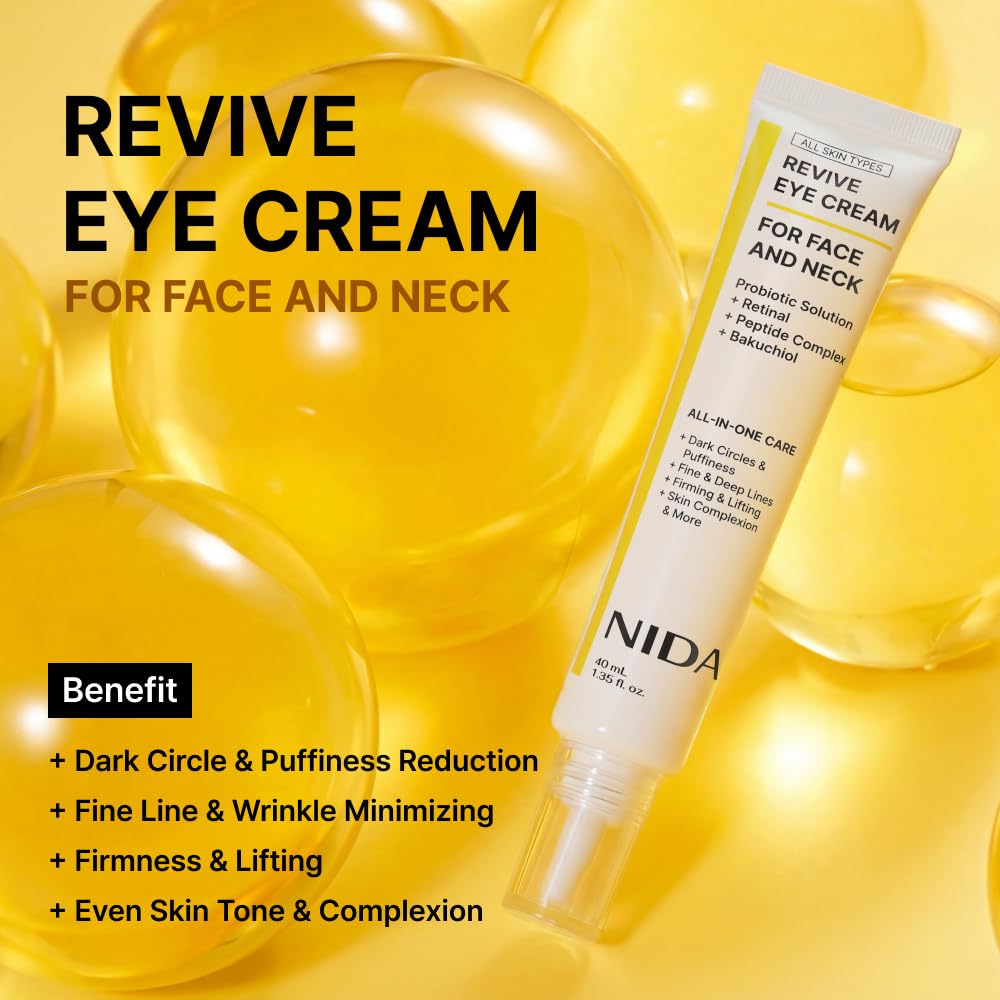 NIDA Revive Eye Cream For Face And Neck | Probiotics Lystate Solution, Retinal, Peptide Complex, Bakuchiol | Wrinkles, Fine Lines, Cell Turnover, Firm Skin Texture, Radiant Skin | 1.35 fl. oz., 40ml NIDA