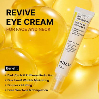 NIDA Revive Eye Cream For Face And Neck | Probiotics Lystate Solution, Retinal, Peptide Complex, Bakuchiol | Wrinkles, Fine Lines, Cell Turnover, Firm Skin Texture, Radiant Skin | 1.35 fl. oz., 40ml NIDA