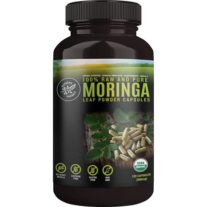 SUPREME HERBALS, 100% Raw and Pure Moringa Leaf Powder Capsules. Organic Certified Moringa Leaf. Natural Superfood with Essential Amino Acids SUPREME HERBALS