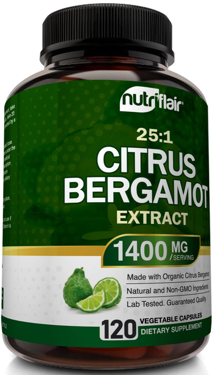 NutriFlair Organic Citrus Bergamot 1400mg, 120 Capsules - 25:1 Bergamia - Essential Oil and Citrus Bioflavonoids - Natural Heart Health Supplements NutriFlair