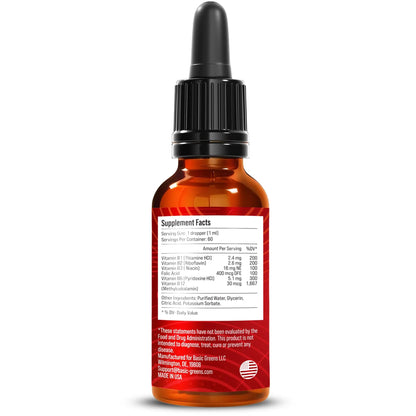BASIC GREENS Vitamin B Complex Liquid Drops - Strength Sublingual Formula, Maximizes Absorption & Boosts Energy - B1, B2, B3, B5, B6, B7, B9, B12 - Natural Vegan Supplement BASIC GREENS