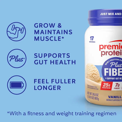 Premier Protein Powder Plus Fiber, Vanilla, 25g Protein, 7g Fiber to Support Gut Health, No Added Sugar (17 Servings) Premier Protein