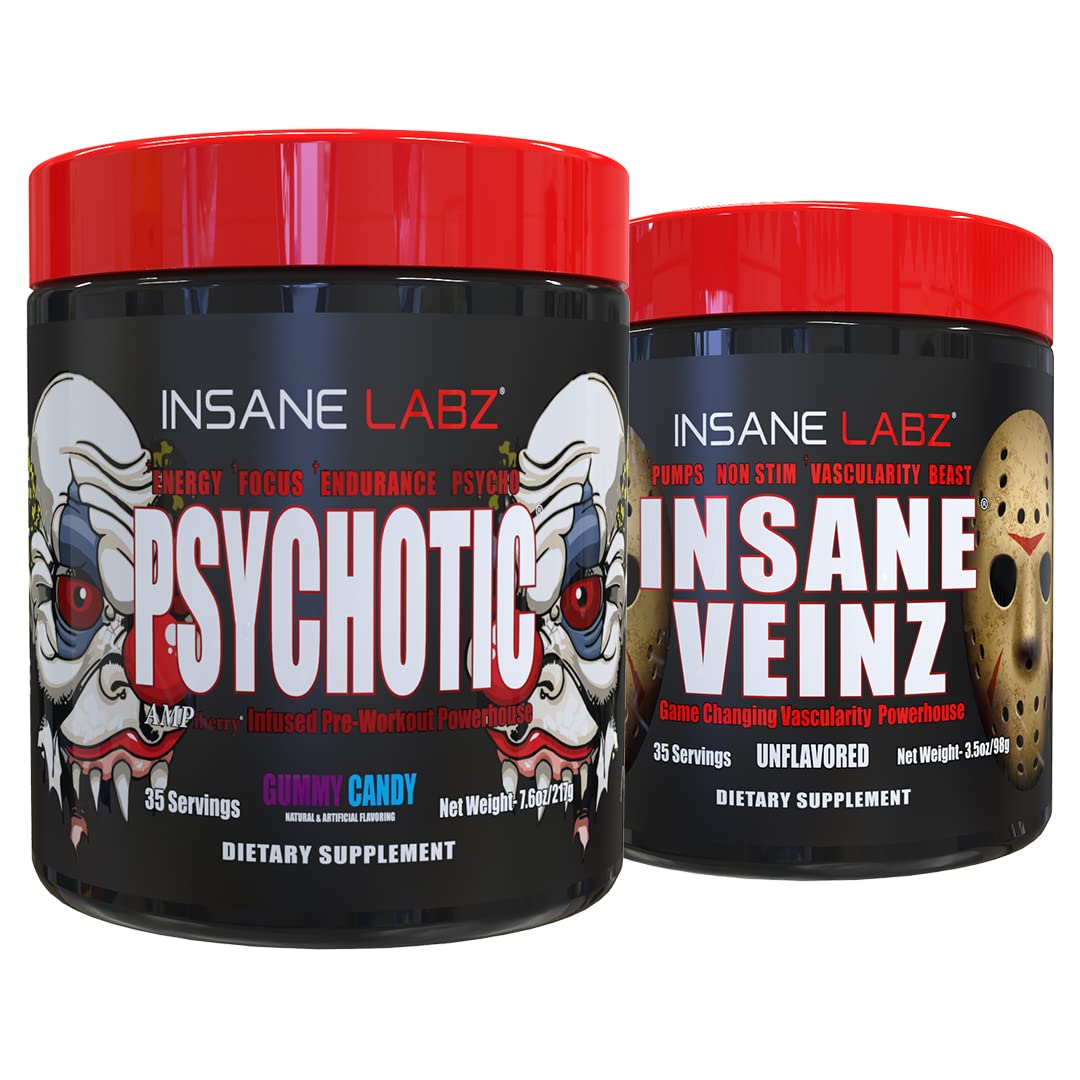 Insane Labz Psychotic and Insane Veinz Pre Workout Nitric Oxide Booster Stack, Increase Vascularity, Strength, Energy, Focus, Fruit Punch