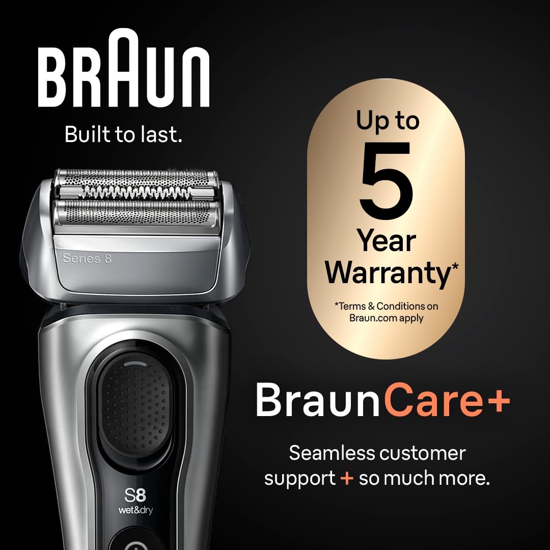 Braun Series 8 Electric Razor for Men, with 4+1 Shaving Elements & Precision Long Hair Trimmer, Close & Gentle Even on Dense Beards, Wet & Dry Electric Razor with 60min Runtime, 8517s Galvano Silver Gsupps Australia