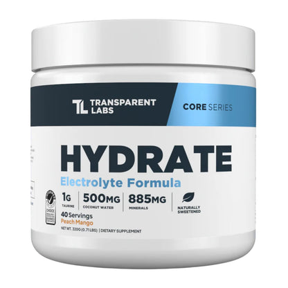 Transparent Labs Hydrate Naturally Sweetened Electrolytes Powder - Hydration Powder Electrolytes with Coconut Water, Calcium, Taurine, & Potassium - 40 Servings, Tropical Punch